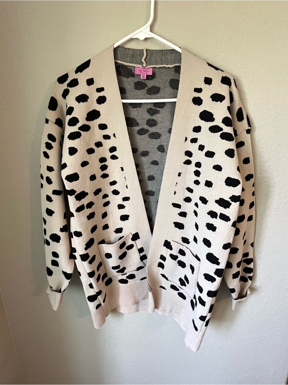 Mi Ami Francesca's Dalmatian Print Cardigan XS Cream Black Open Front Cozy